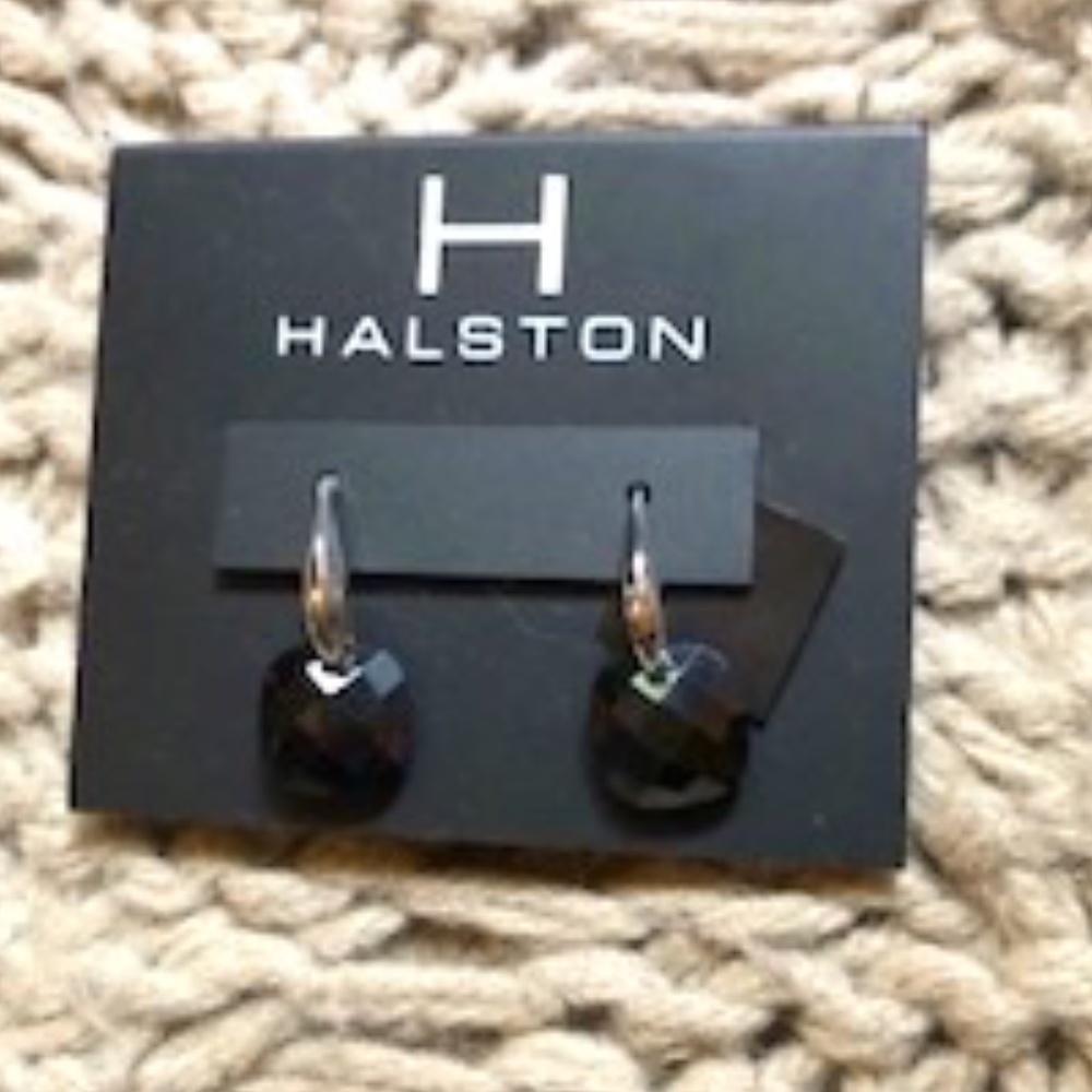 Halston Sterling Silver Plated Faceted Black Gemstone Earrings *NEW*
